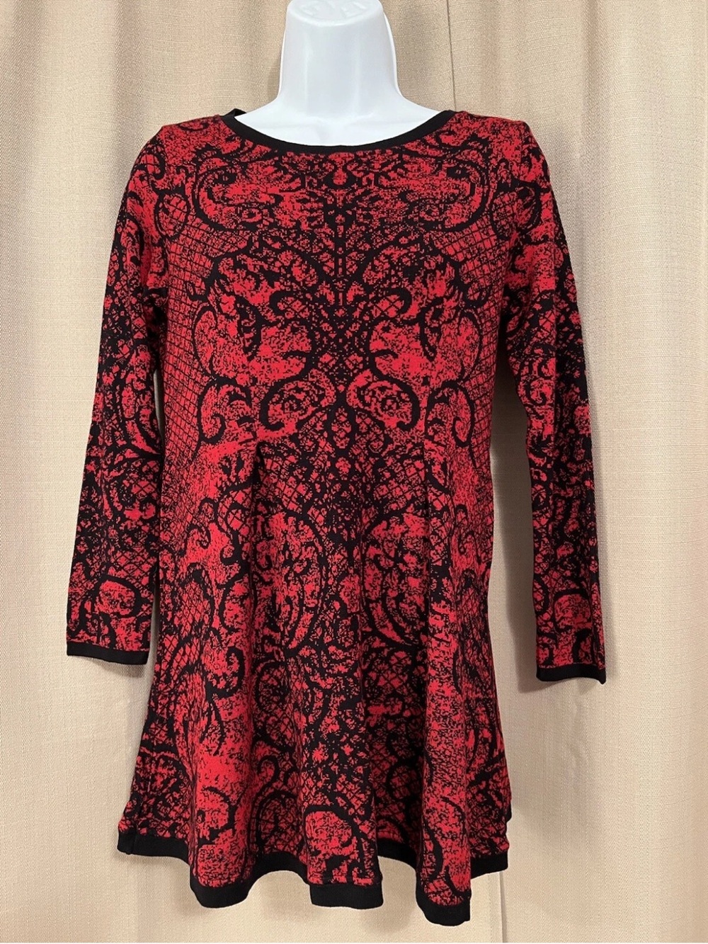 Style and Co Women Sweater Dress Tunic Top Red & Black Printed Long-Sleeve